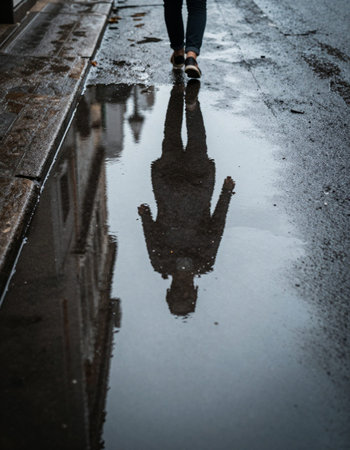Reflection of a woman in a puddle on a rainy dayの写真素材