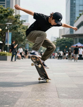 Skateboarder performing tricks on skateboard in the city.