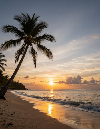 Beautiful sunset over the sea with palm trees on the beach.