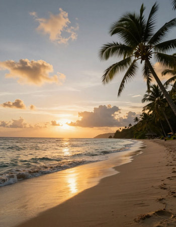 Beautiful sunset on the tropical beach with palm trees and sand.