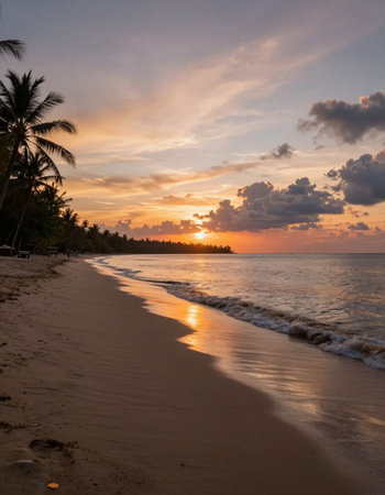 Beautiful sunset at the beach in the tropics. Landscape.