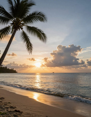 Tropical beach with palm trees at sunset, Seychelles