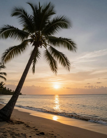 Beautiful tropical beach with coconut palm tree at sunset or sunrise time