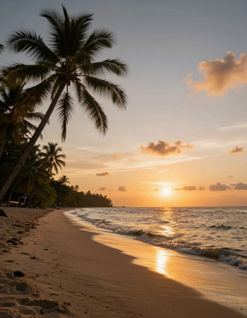 Tropical beach with coconut palm trees at sunset in Sri Lanka