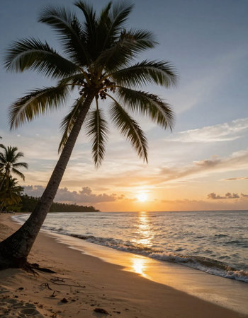 Palm tree on the beach at sunset. Beautiful tropical landscape.