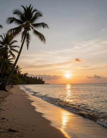 Beautiful sunset on the beach with coconut palm trees, Koh Samui, Thailand