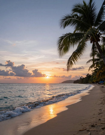 Beautiful sunset on the beach with palm trees and sea waves.