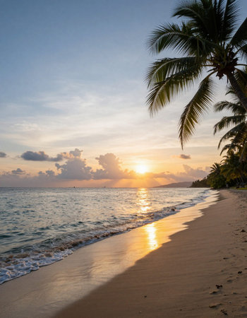 Beautiful tropical beach with coconut palm tree at sunset or sunrise time