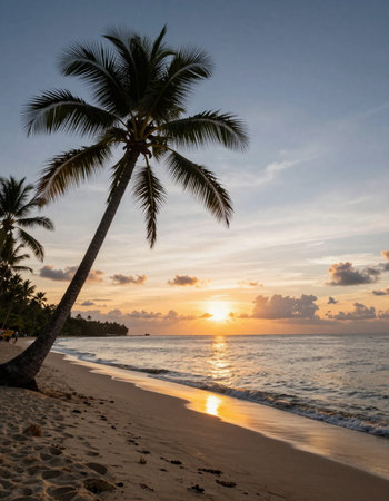 Tropical beach with coconut palm trees at sunset in Sri Lanka