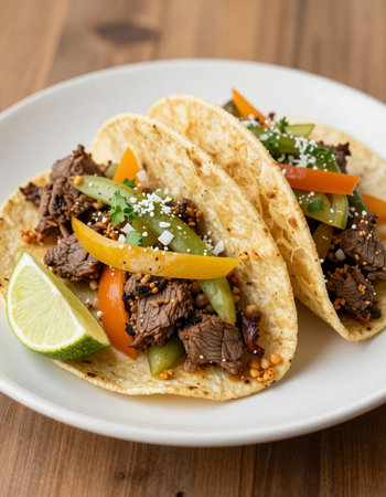 Mexican tacos with beef, vegetables on wooden table