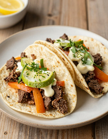 tacos with beef and vegetables, vertical, close-up
