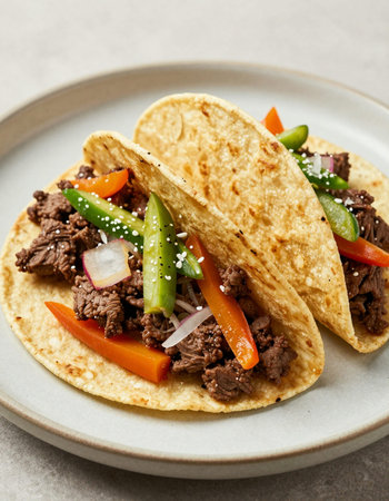 tacos with beef and vegetables on white plate, closeup