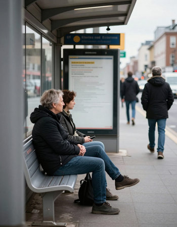 People waiting at the bus stopの写真素材