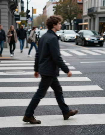 A young man crossing a crosswalk in the city, motion blurの写真素材