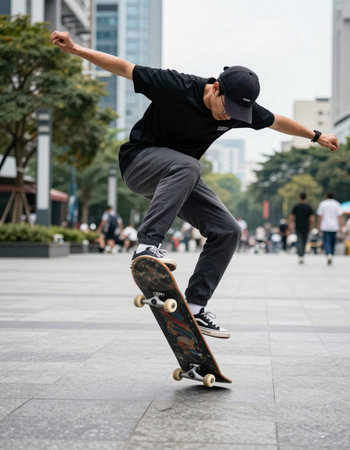 Skateboarder doing tricks on a skateboard in the city