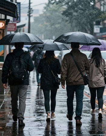 People walking under an umbrella in a rainy day in Tokyo, Japanの写真素材