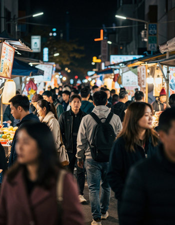 Unidentified people walking at Shibuya night market in Tokyo, Japan. Shibuya is one of Tokyo's most popular night markets.の写真素材