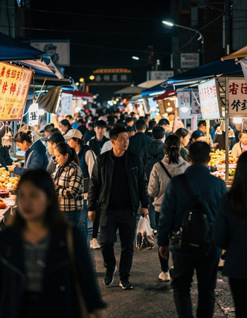 Unidentified people walking at Taipei night market.の写真素材