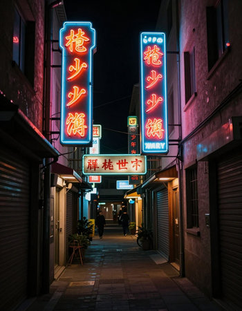 Neon signs on the streets of Tokyo at night.の写真素材