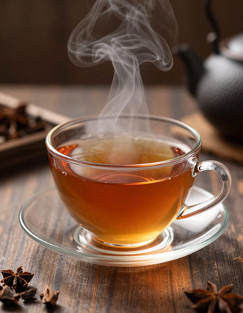 Cup of tea on a wooden table with anise and cinnamonの写真素材