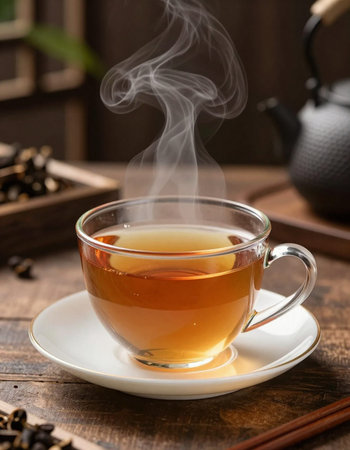 Cup of tea with steam on a wooden table, stock photo