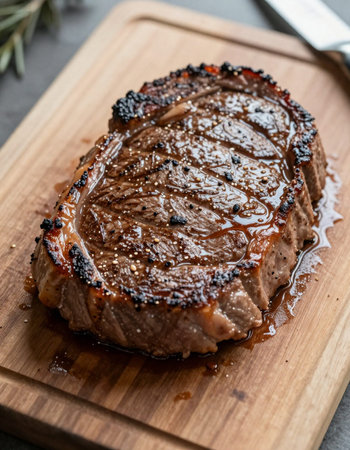 grilled beef steak on a wooden board with rosemary and spicesの写真素材