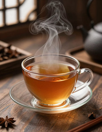 Cup of tea on a wooden table with a teapotの写真素材