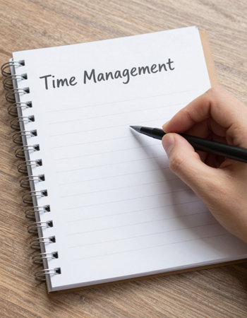 Time management text on notepad with woman hand writing on it.の写真素材