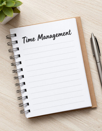 Time management text on notebook with pen on wood table, business concept