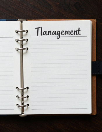 Time management text on notebook page over wooden background.の写真素材