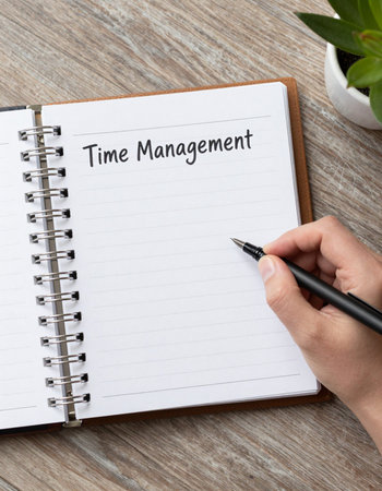 Woman's hand writing the word time management in notebook. Business concept