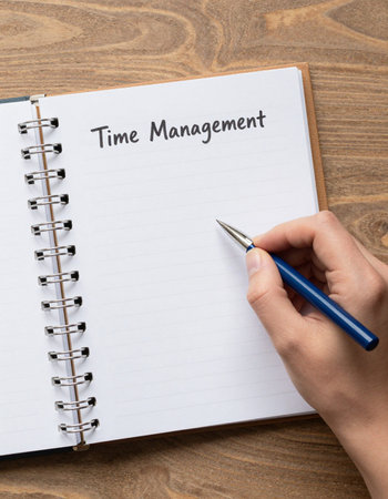 Woman hand writing time management in notebook on wooden background. Top view