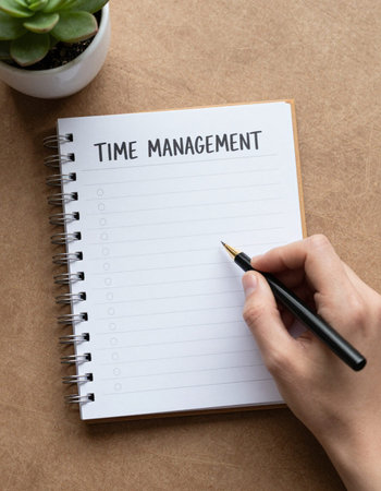 Time Management word on notebook with a hand holding a black pen.