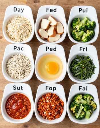 Korean food ingredients in white bowls, top view, close up