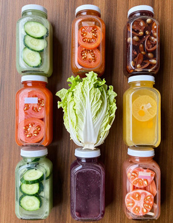 Healthy vegetable juices in glass bottles on wooden background. Top view.