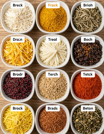 Top view of different types of dry pasta in bowls on wooden backgroundの写真素材