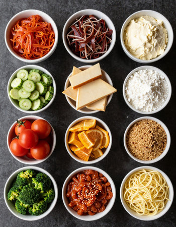 Healthy food selection in white bowls over stone background. Top view, flat lay