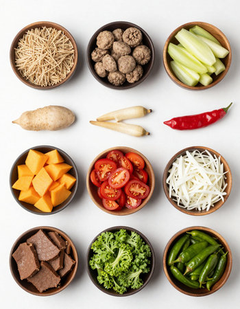 Top view of various food ingredients in bowls on a white background.