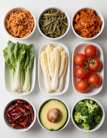 Healthy eating concept. Assortment of vegetables and pasta in bowls.