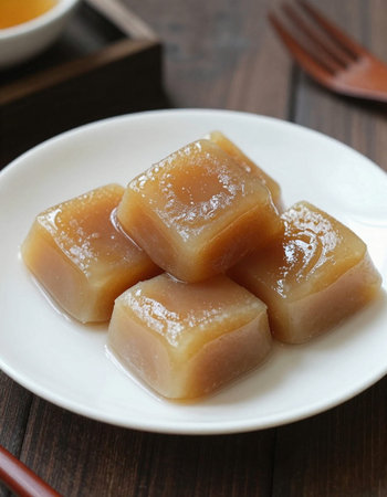 Japanese confectionery, sweet glutinous rice cake on wooden background