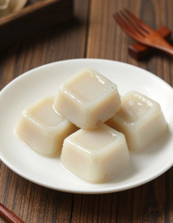 Japanese confectionery, sweet glutinous rice cake on wooden background