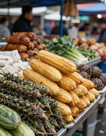 Fresh corn on the counter of a street food market in Bangkok, Thailand