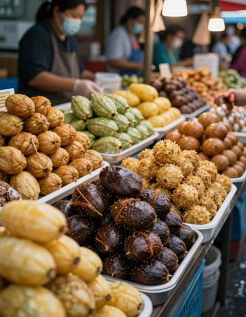 Fruits and Vegetables sold at street food market.