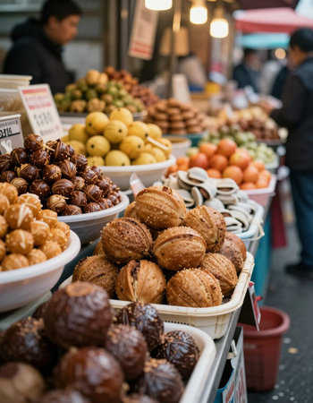 Fruits and nuts on a market stall in Paris, France.