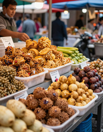Indian street food market stall with variety of dried fruits and vegetables.の写真素材
