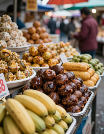 Street food market stall with variety of fruits and sweets. Street food stall.