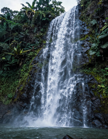 Waterfall in the jungle of Bali, Indonesia. Long exposure shot.