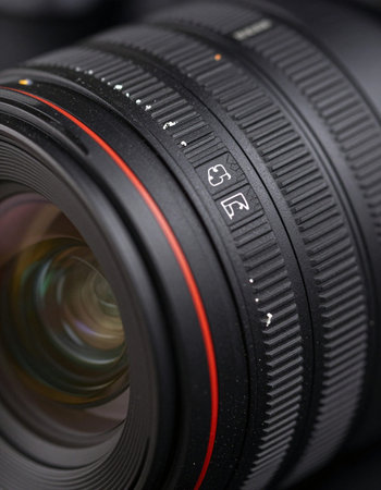Close up of a professional camera lens. Shallow depth of field.