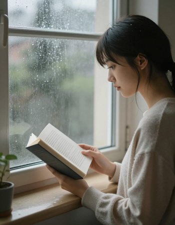 young asian woman reading a book at the window with rain drops