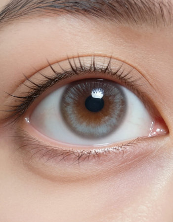 Close-up of woman's blue eye with long eyelashes.